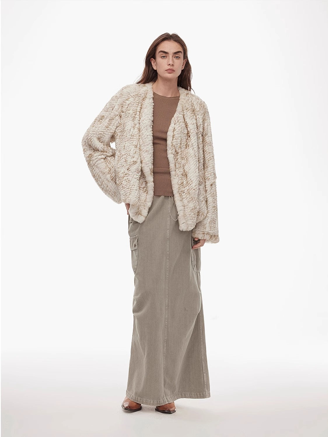 lapel double-breasted loose woven Rex rabbit fur Jacket