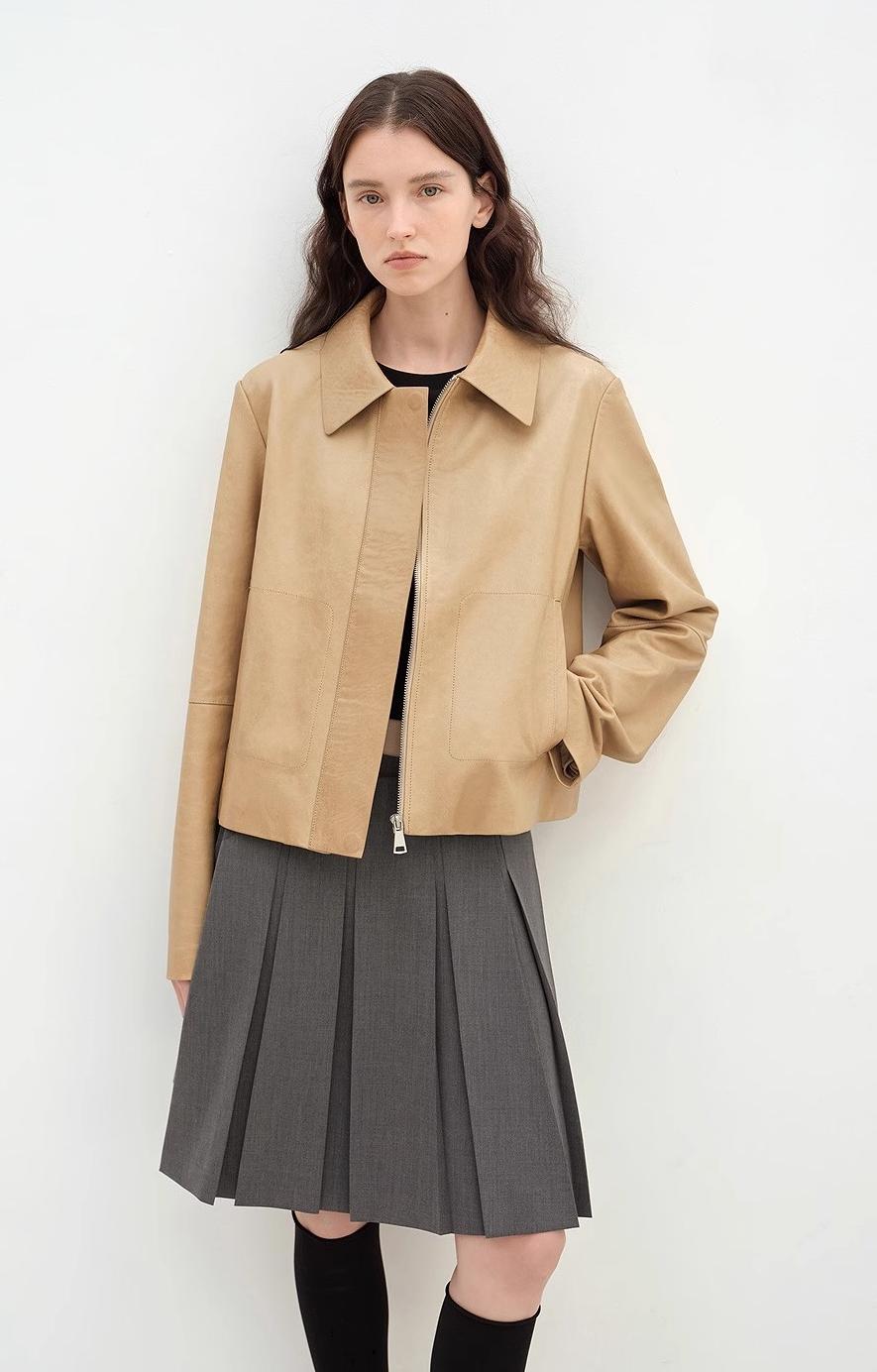 "Miss Sven" Lapel Two-tone Wax Sheepskin Short leather Jacket