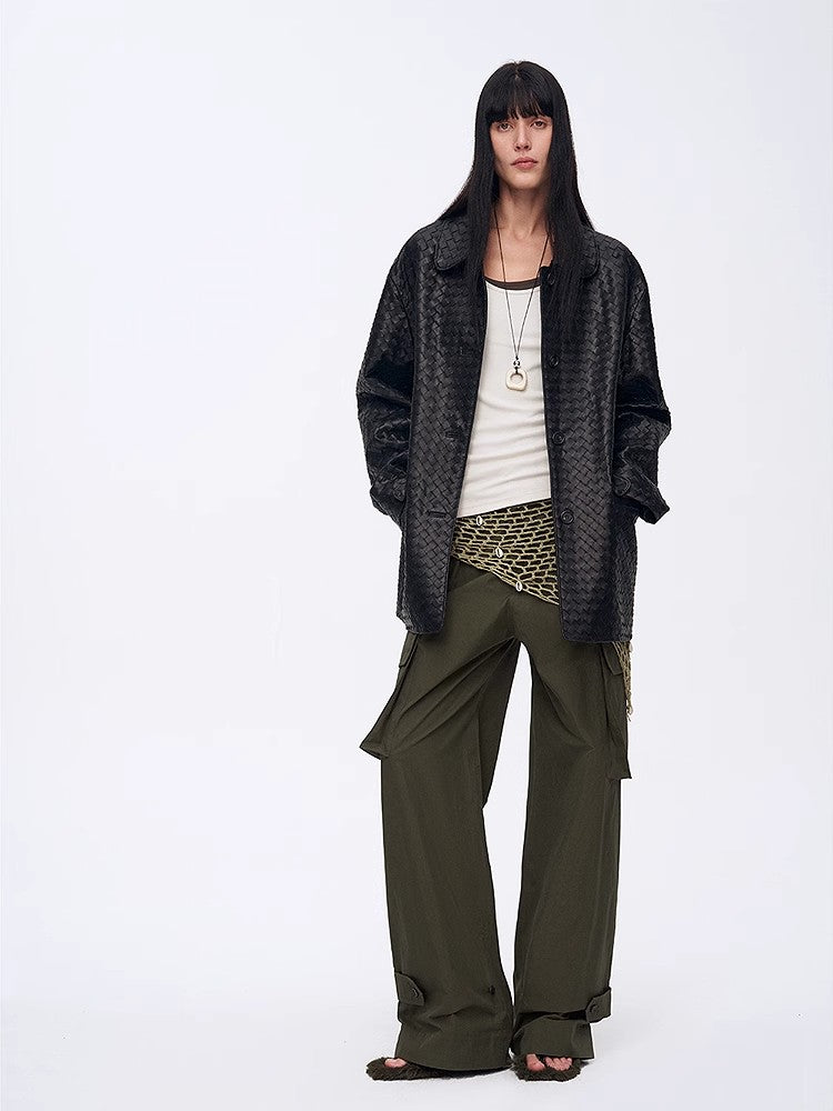 New Zealand imported lambskin perforated woven leather jacket spring"Rembrandt Night"