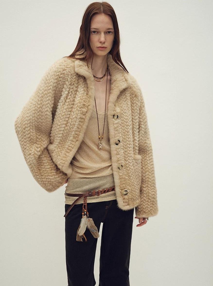 Imported velvet stand-up lapel hand-woven mink fur coat