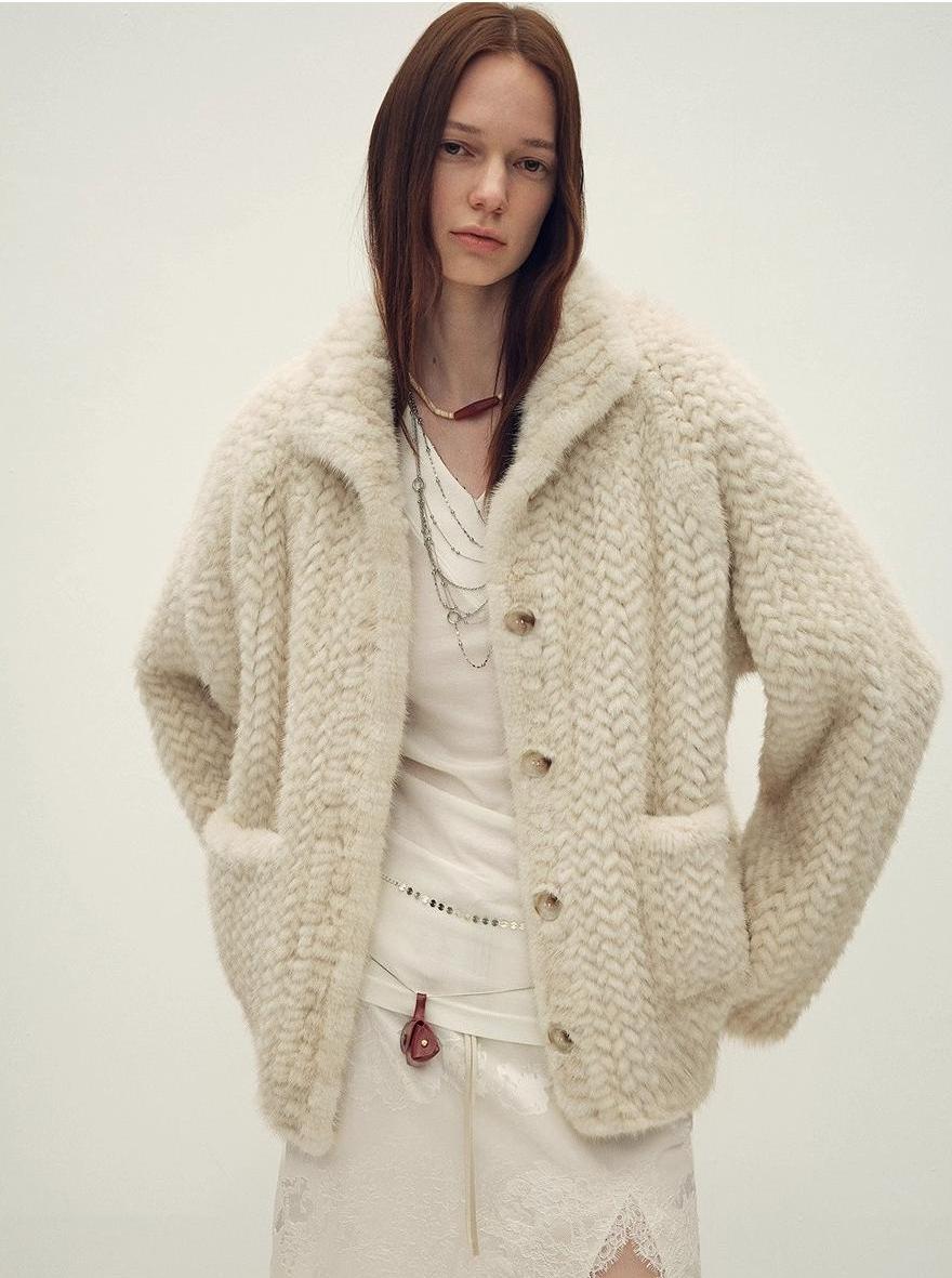 Imported velvet stand-up lapel hand-woven mink fur coat