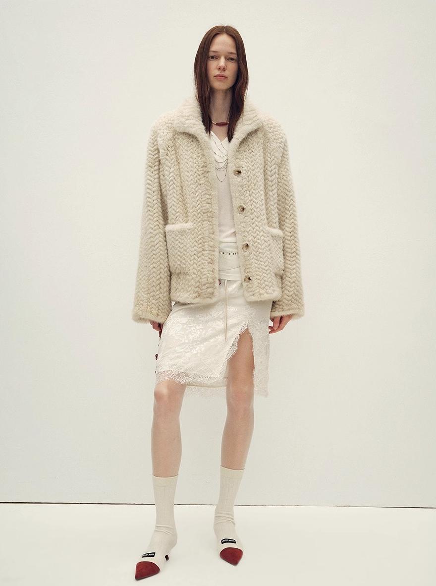 Imported velvet stand-up lapel hand-woven mink fur coat