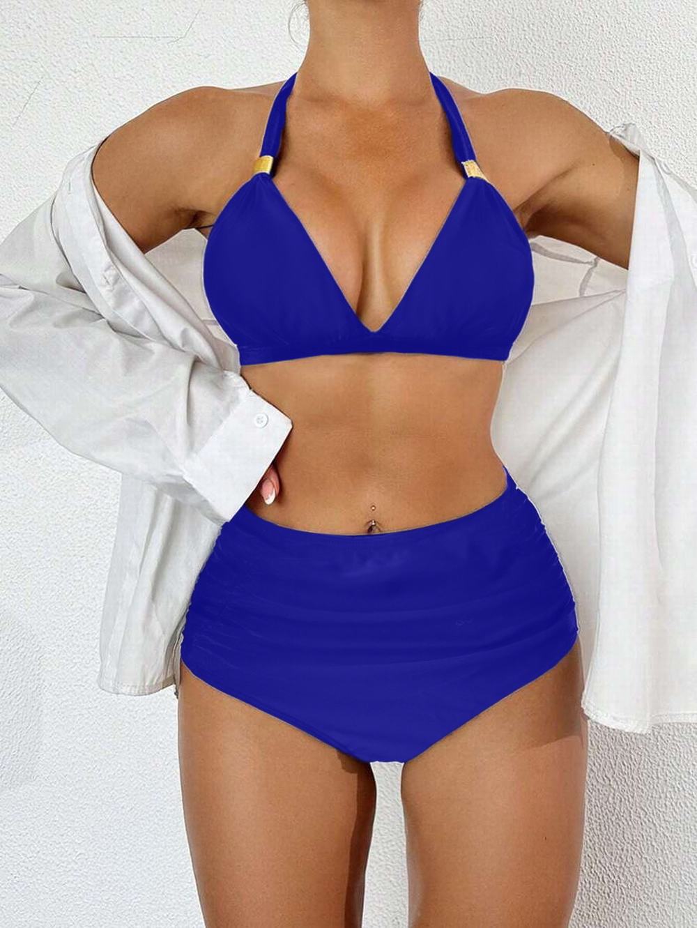 Women's two-piece swimsuit set with high waist and solid color hanging neck