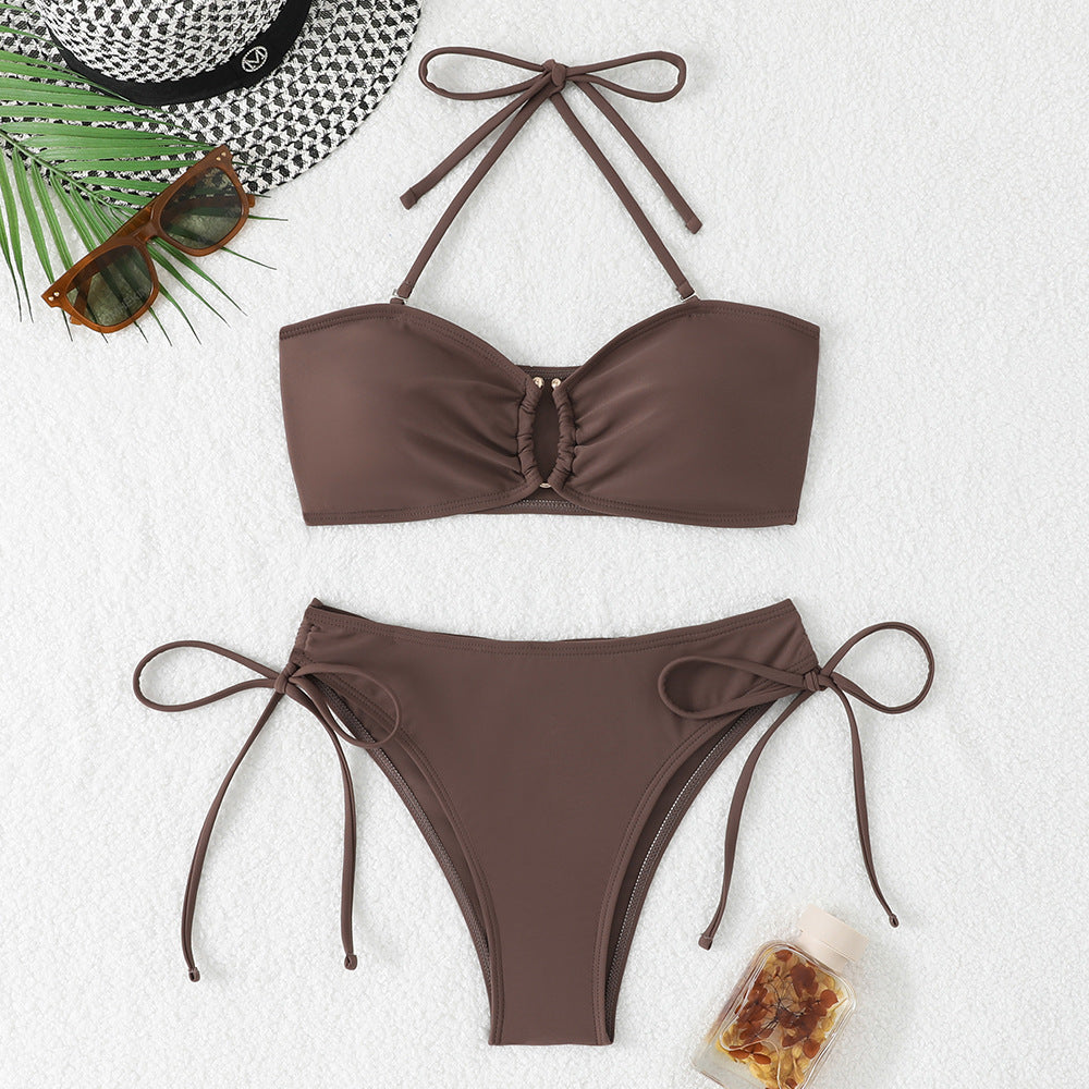 Solid color lace up bikini