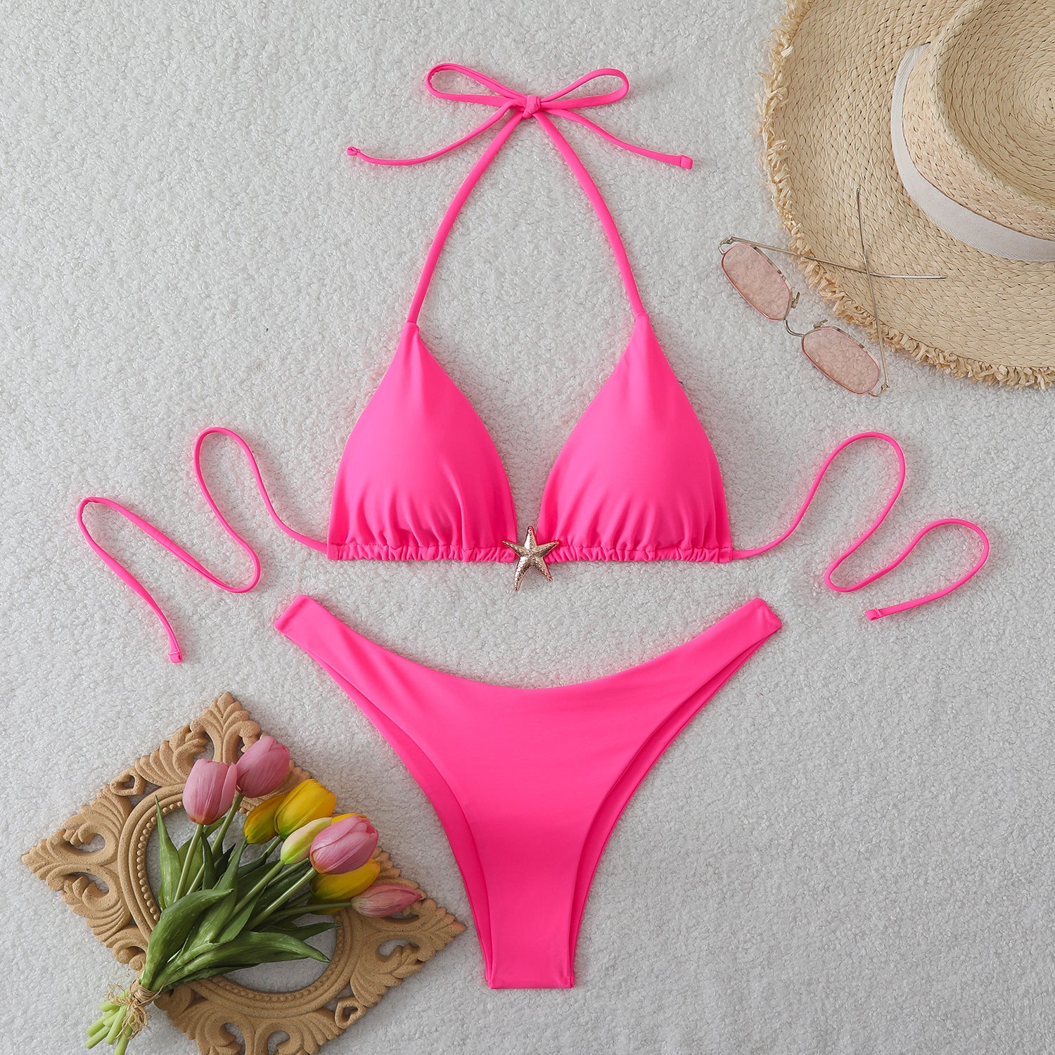 Solid color gold star triangle pants bikini