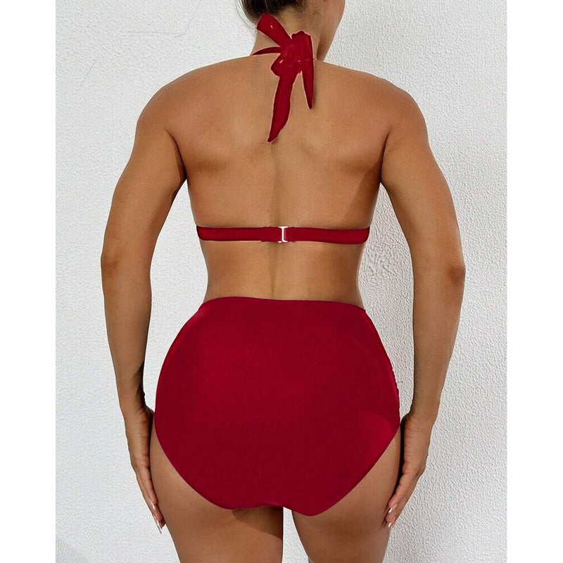 Women's two-piece swimsuit set with high waist and solid color hanging neck