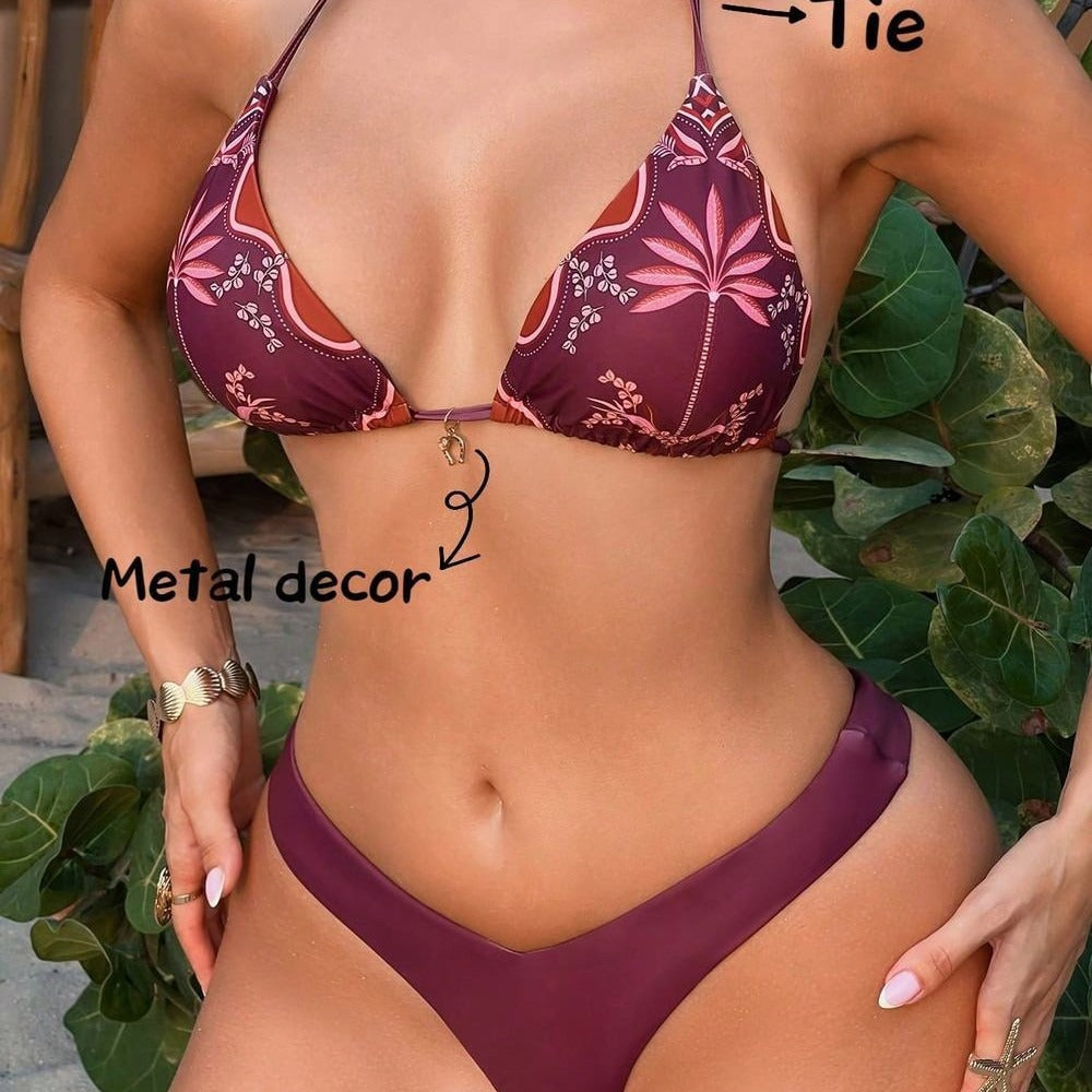 Swimsuit Split Seaside Retro Printed Lace