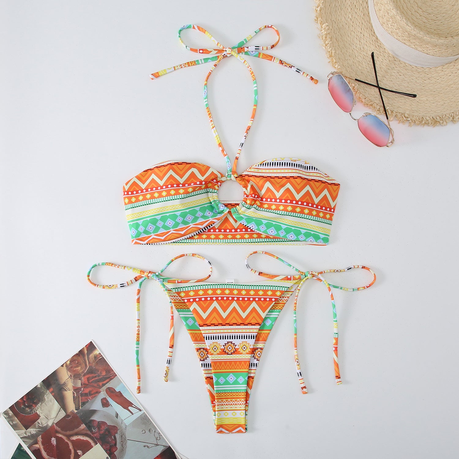 Printed double-sided suspender hanging neck backless swimsuit