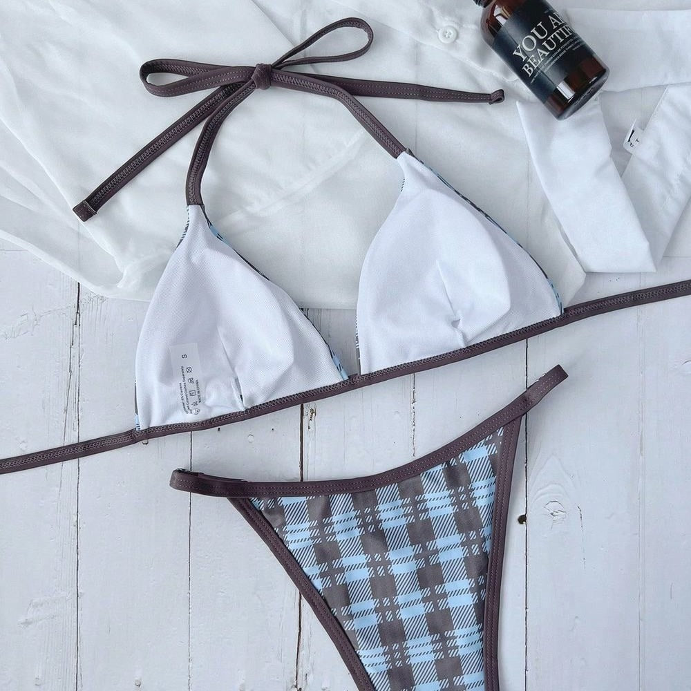 Women's two-piece swimsuit with neck hanging and seaside plaid design