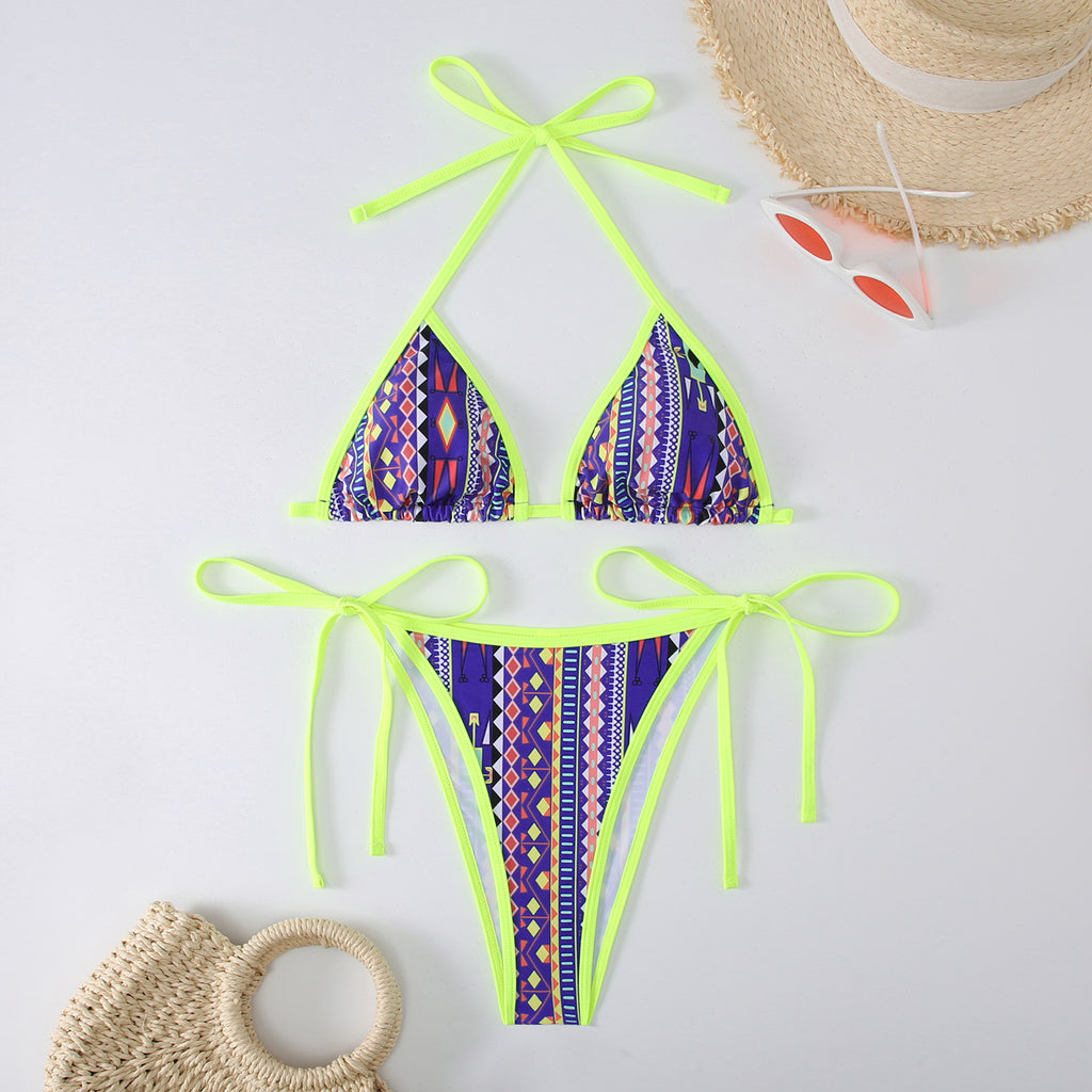 Split triangle bikini with lace up print swimsuit