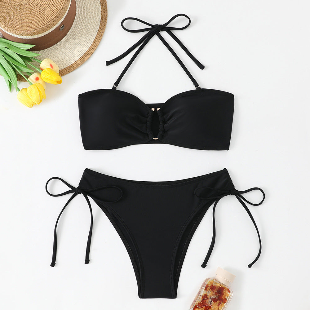 Solid color lace up bikini