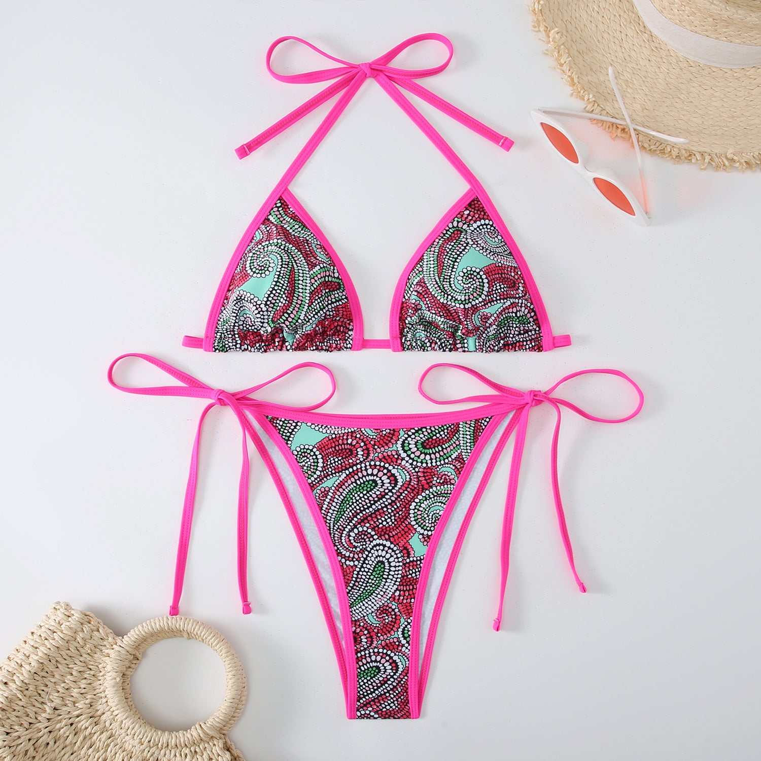 Split triangle bikini with lace up print swimsuit