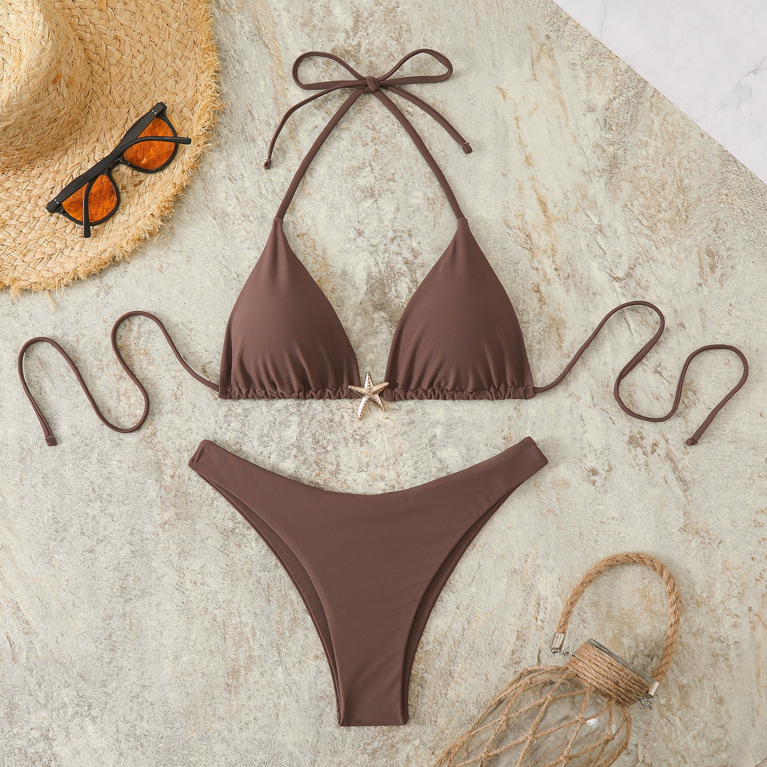 Solid color gold star triangle pants bikini