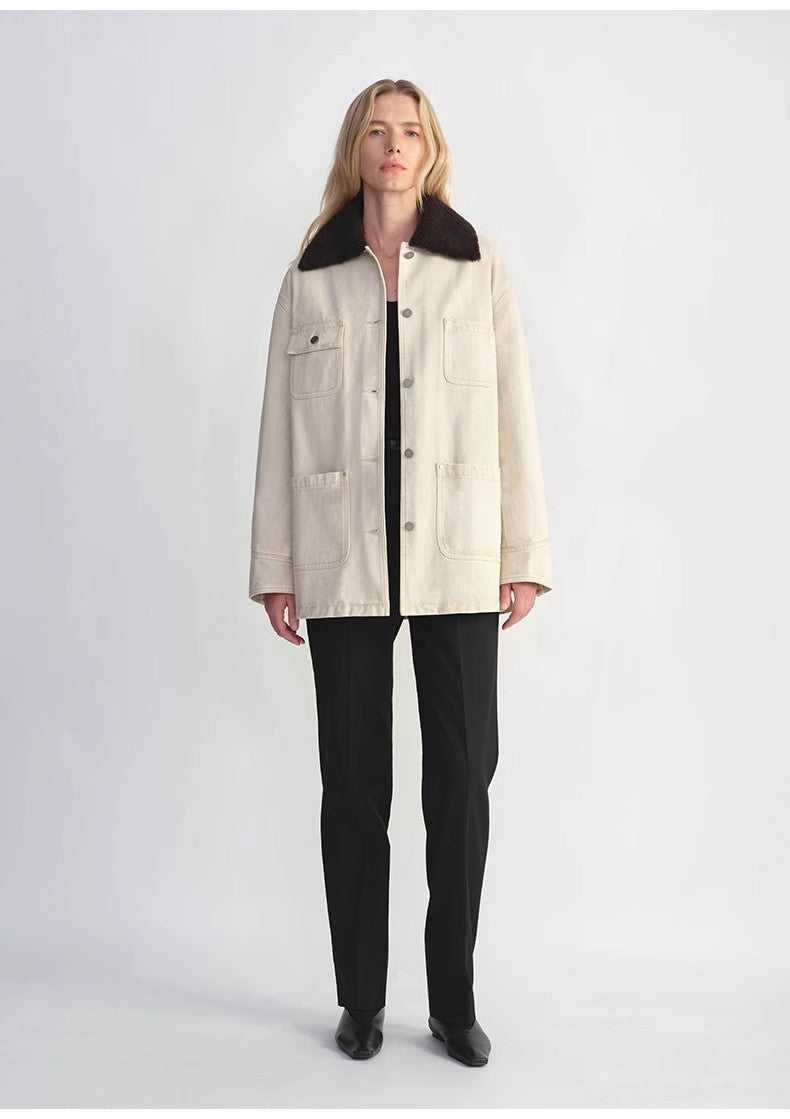 Heavy cotton denim detachable fur collar goose down Detroit jacket