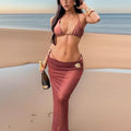 Three piece swimsuit set solid color lace up neck