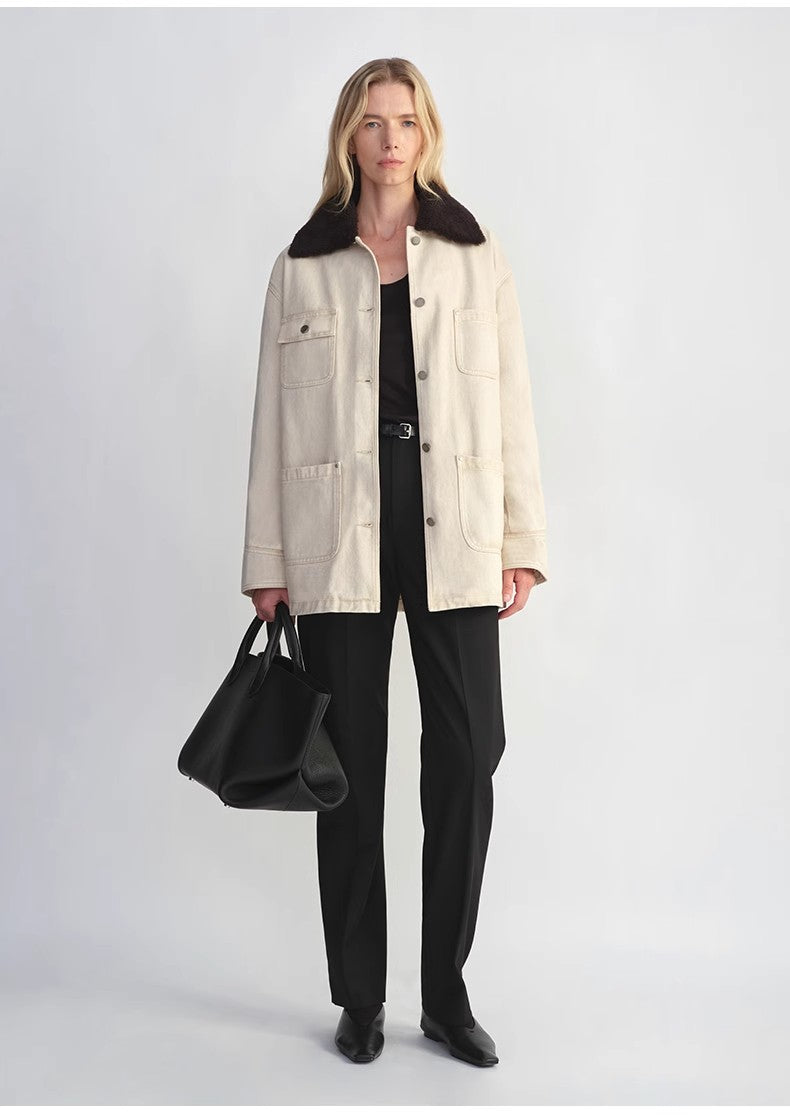 Heavy cotton denim detachable fur collar goose down Detroit jacket