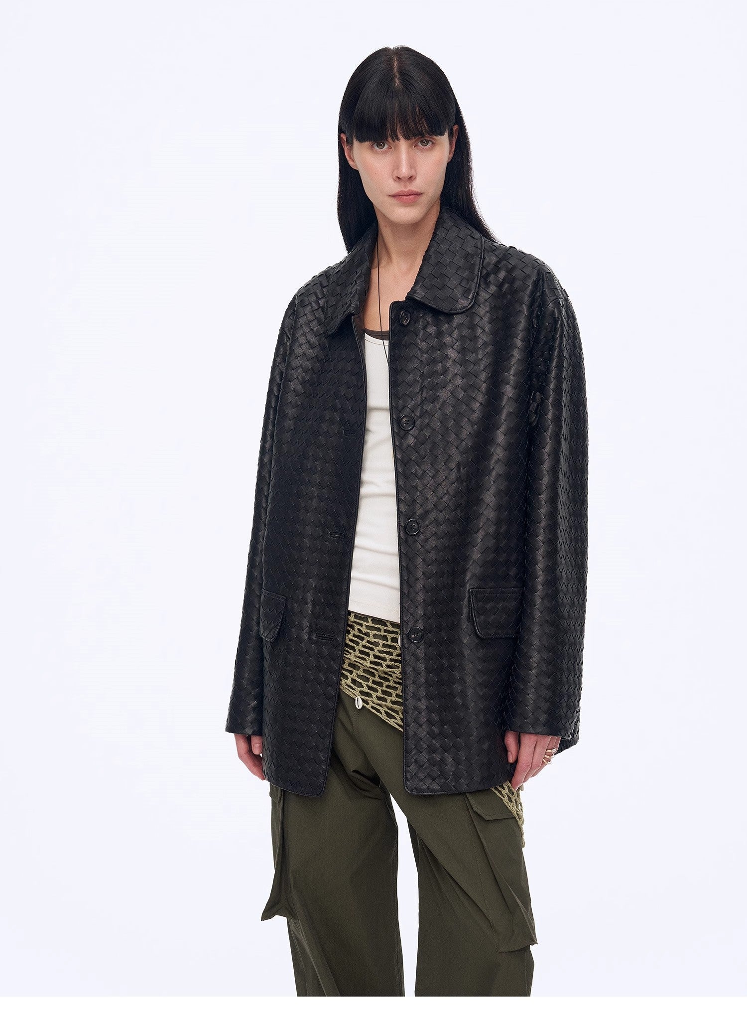 New Zealand imported lambskin perforated woven leather jacket spring"Rembrandt Night"