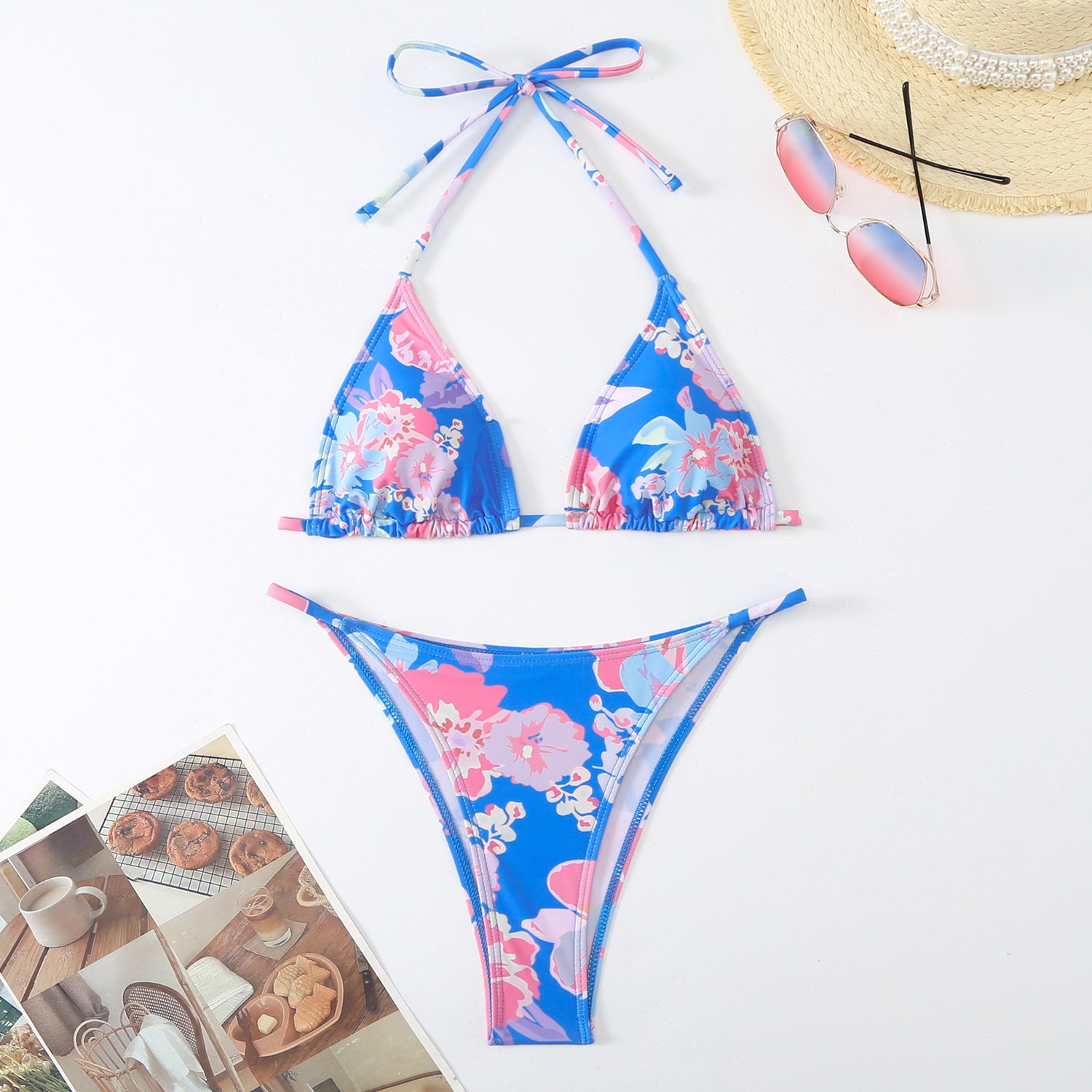 Split printed lace up backless triangle bikini swimsuit