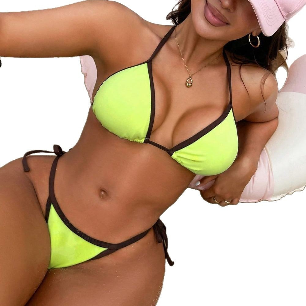 Swimsuit Split Vacation Solid Color Match Tie up Neck