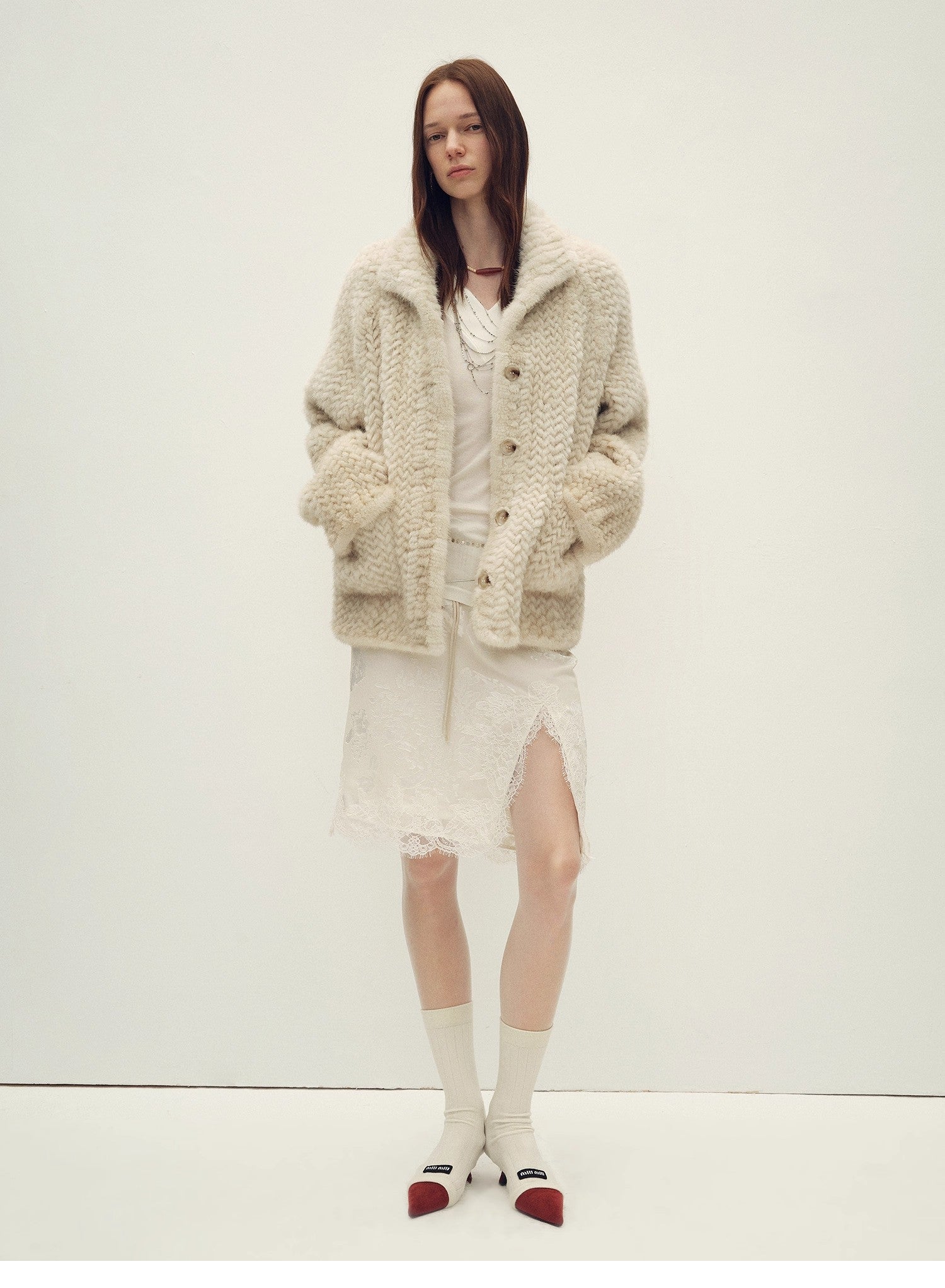 Imported velvet stand-up lapel hand-woven mink fur coat