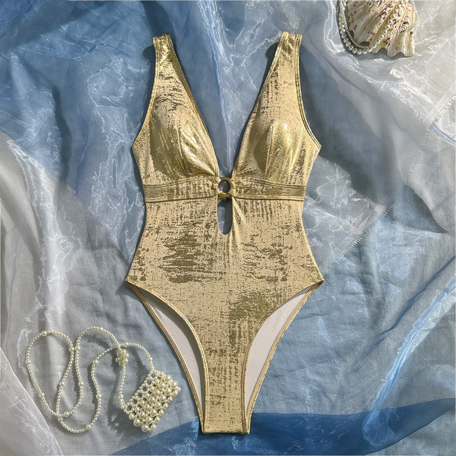 Sexy Hollow-Out Gold Foil Straps One-Piece Swimsuit for Women