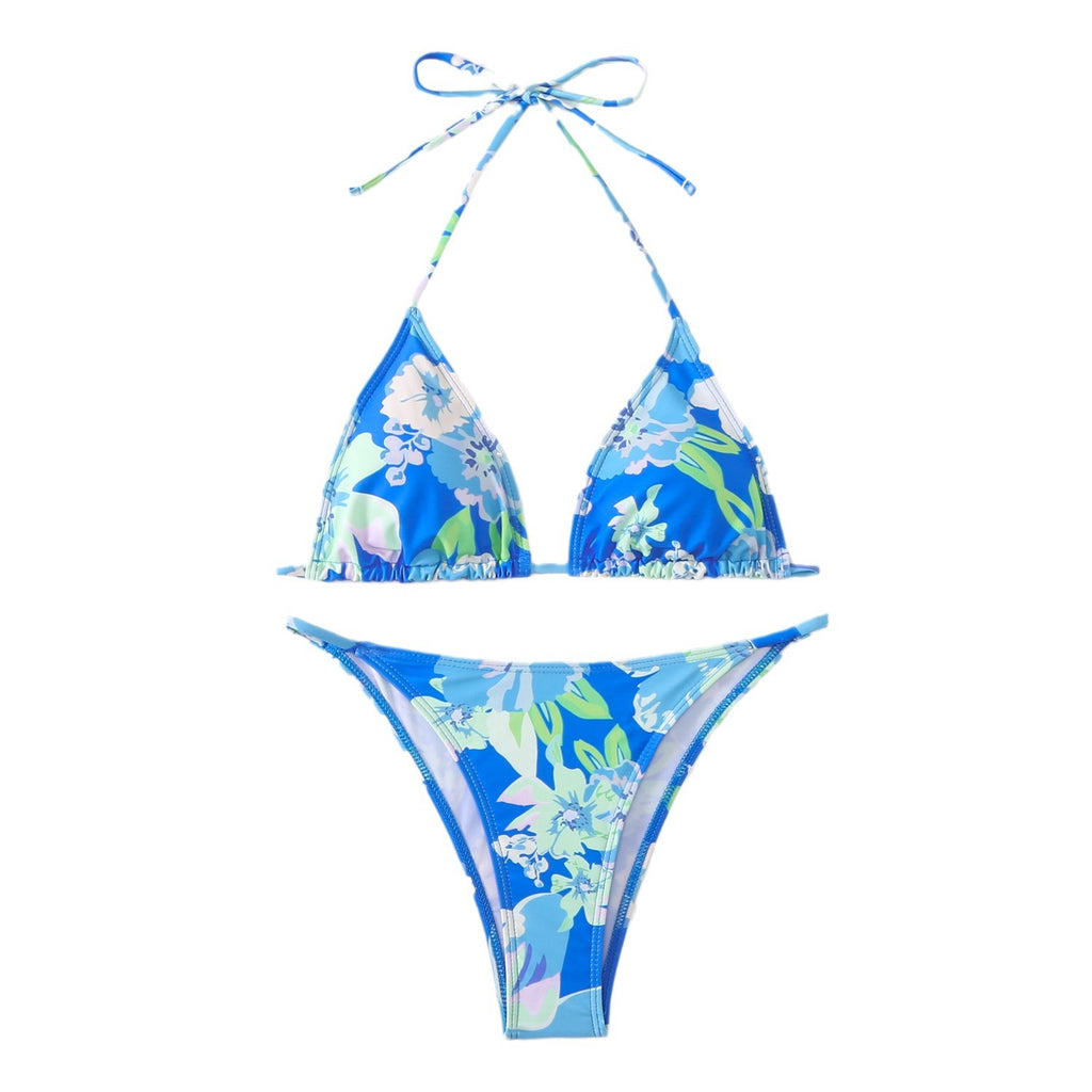 Split printed lace up backless triangle bikini swimsuit