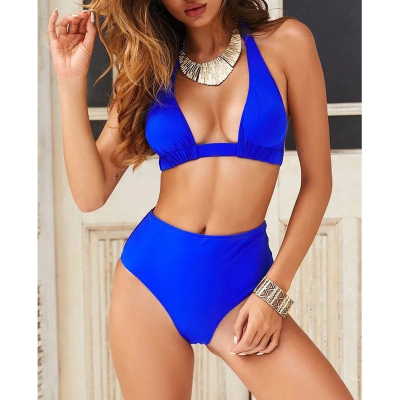 Bikini high-end high waisted solid color lace up swimsuit