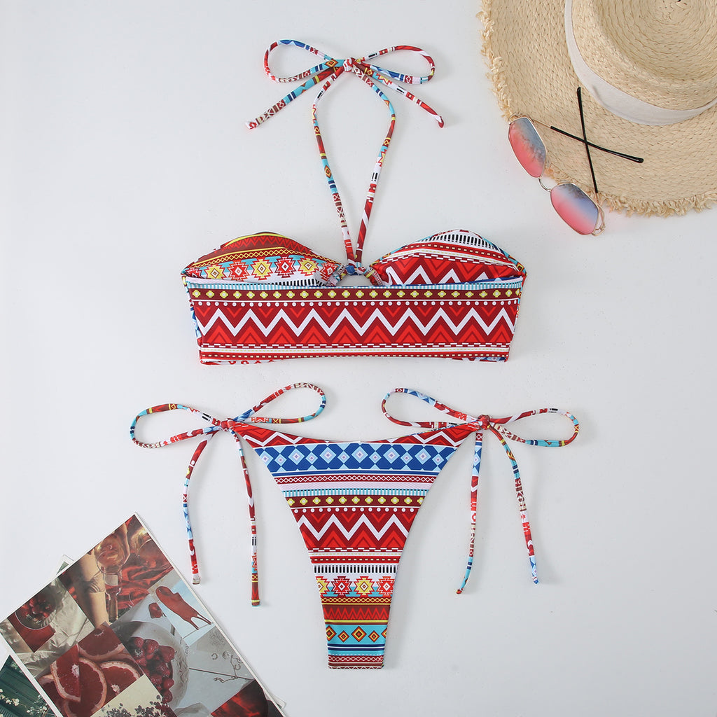 Printed double-sided suspender hanging neck backless swimsuit