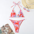 Split printed lace up backless triangle bikini swimsuit