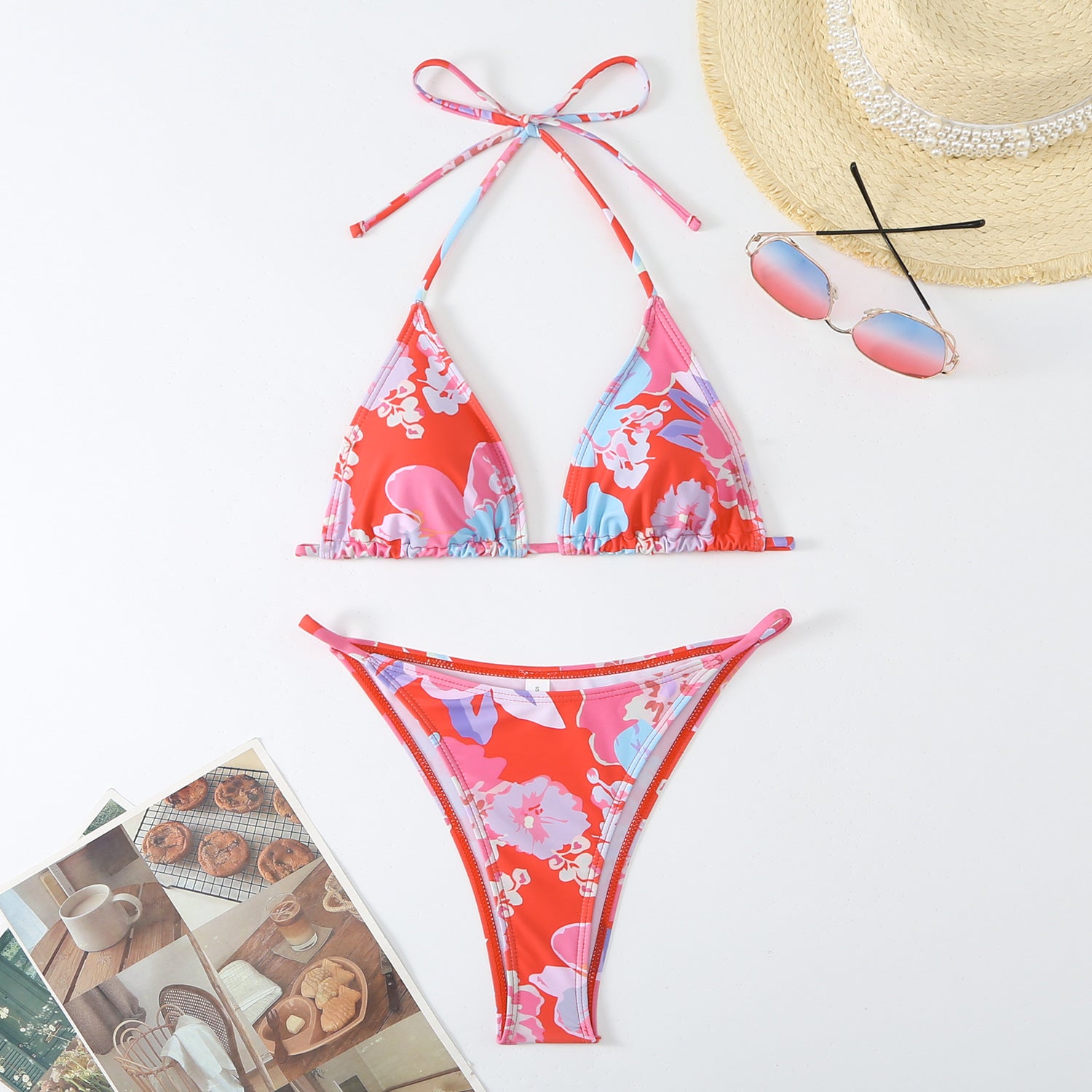 Split printed lace up backless triangle bikini swimsuit