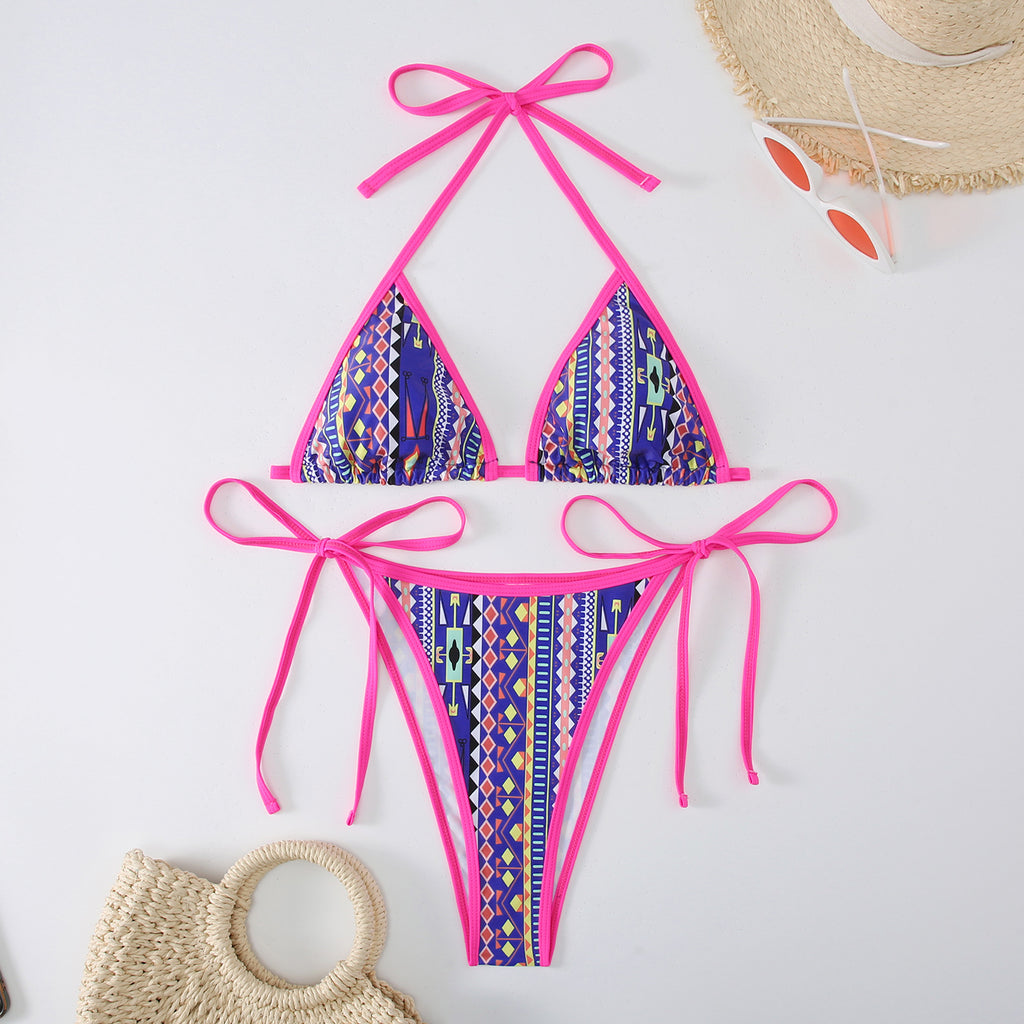 Split triangle bikini with lace up print swimsuit