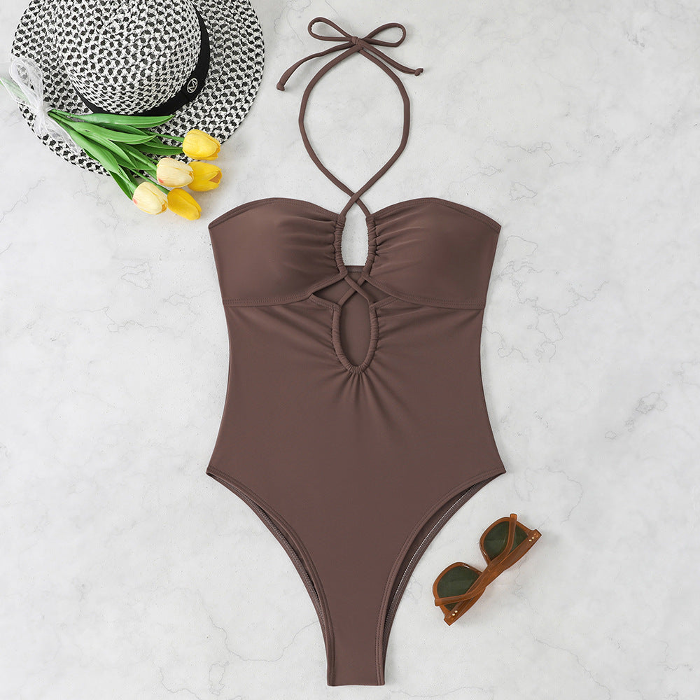 Solid color hollow neck one-piece bikini
