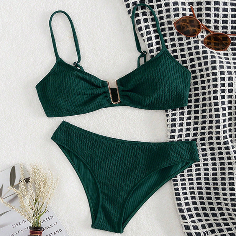 Solid Color Lace-Up Beach Two-Piece Swimsuit for Women, Sexy Three-Piece Bikini