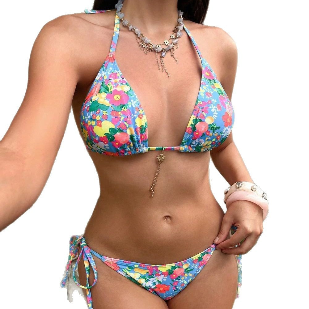 Seaside print floral tie neck vintage swimsuit