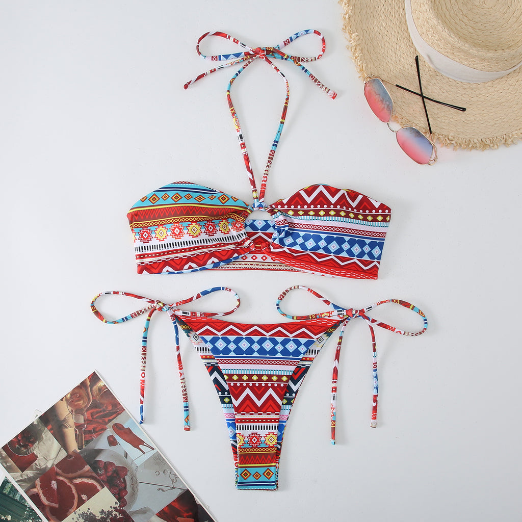 Printed double-sided suspender hanging neck backless swimsuit