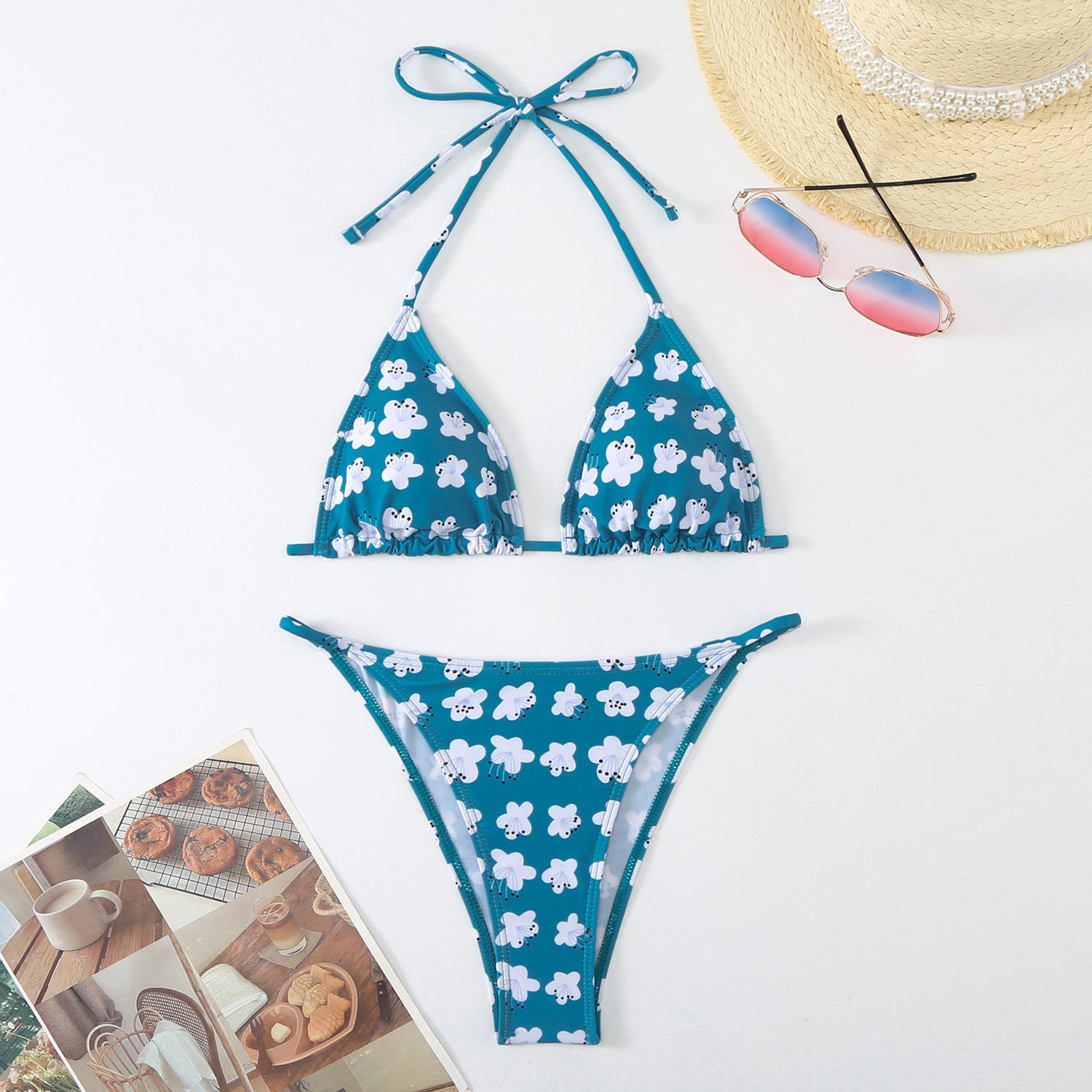 Split printed lace up backless triangle bikini swimsuit