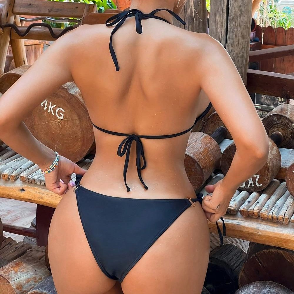 Swimsuit Split Beach Solid Color Strap Neck Hanging