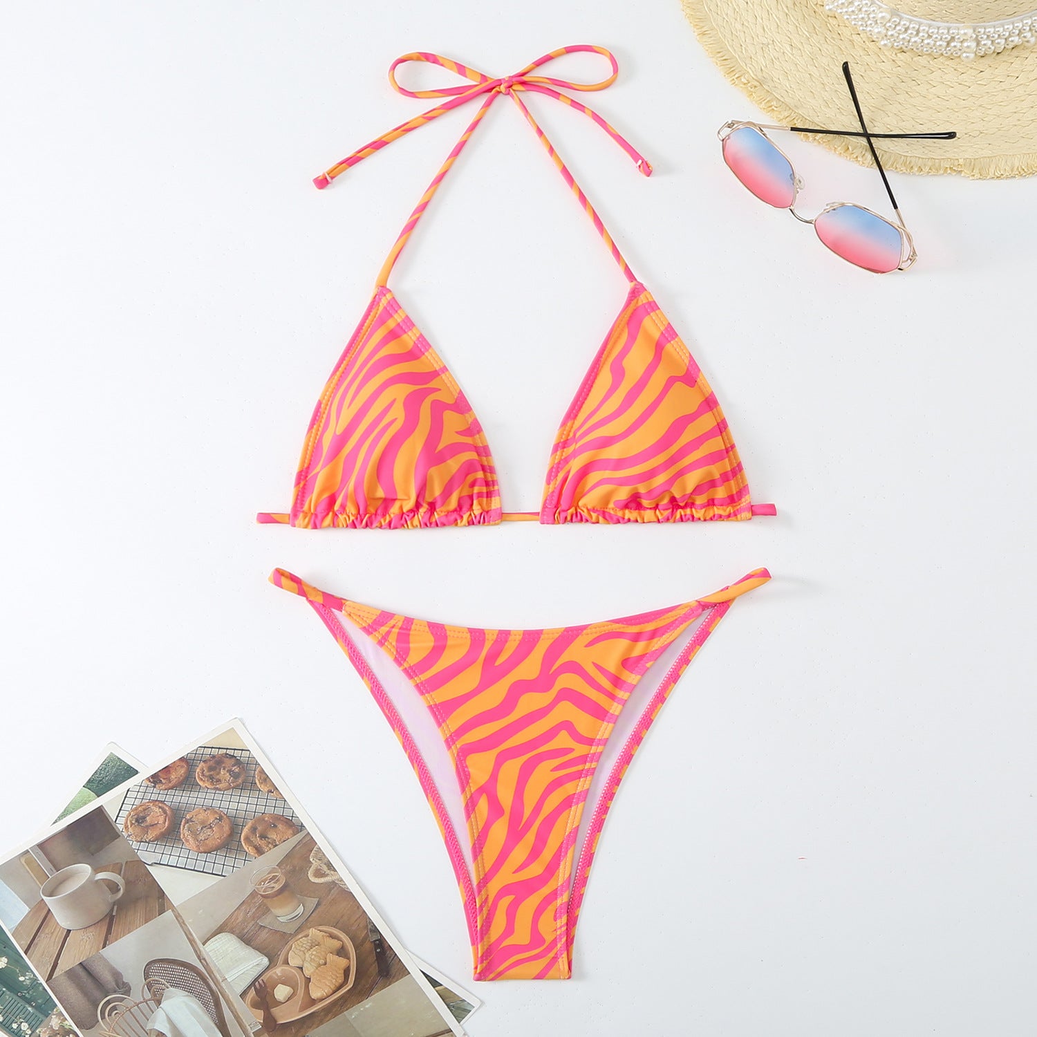 Split printed lace up backless triangle bikini swimsuit