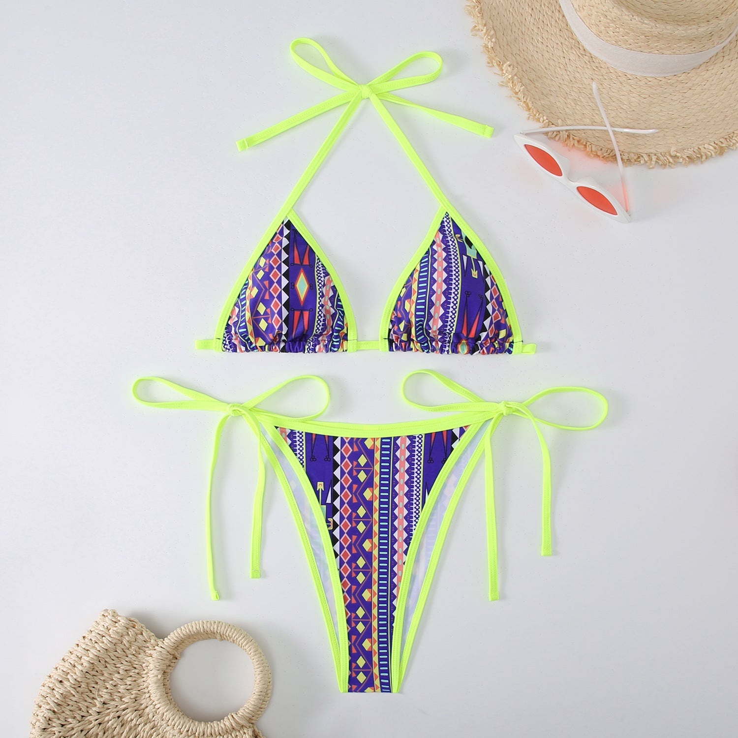 Split triangle bikini with lace up print swimsuit
