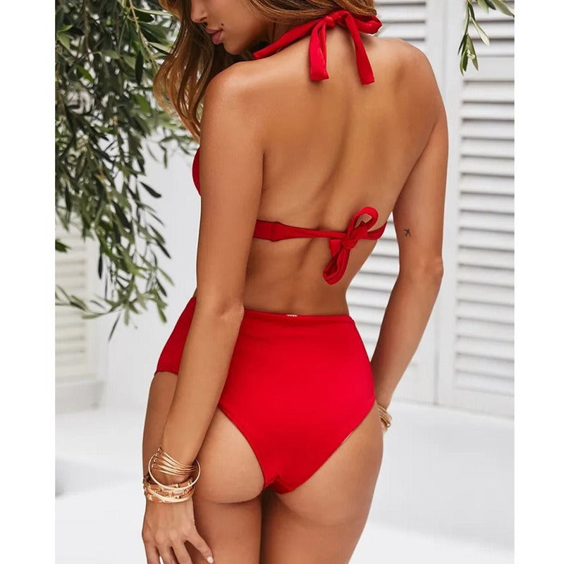 Bikini high-end high waisted solid color lace up swimsuit