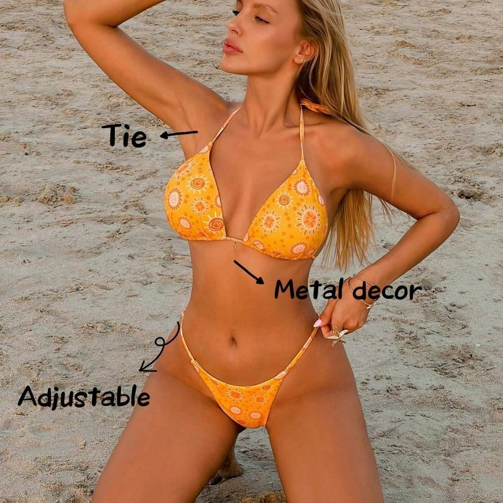 Women's two-piece swimsuit with lace up vintage print