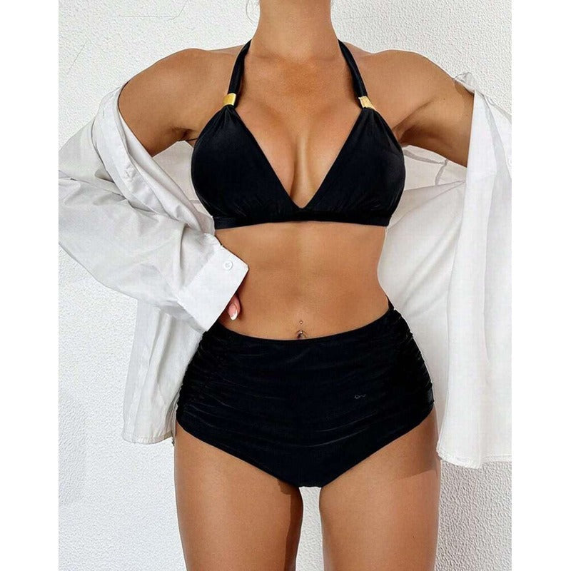 Women's two-piece swimsuit set with high waist and solid color hanging neck