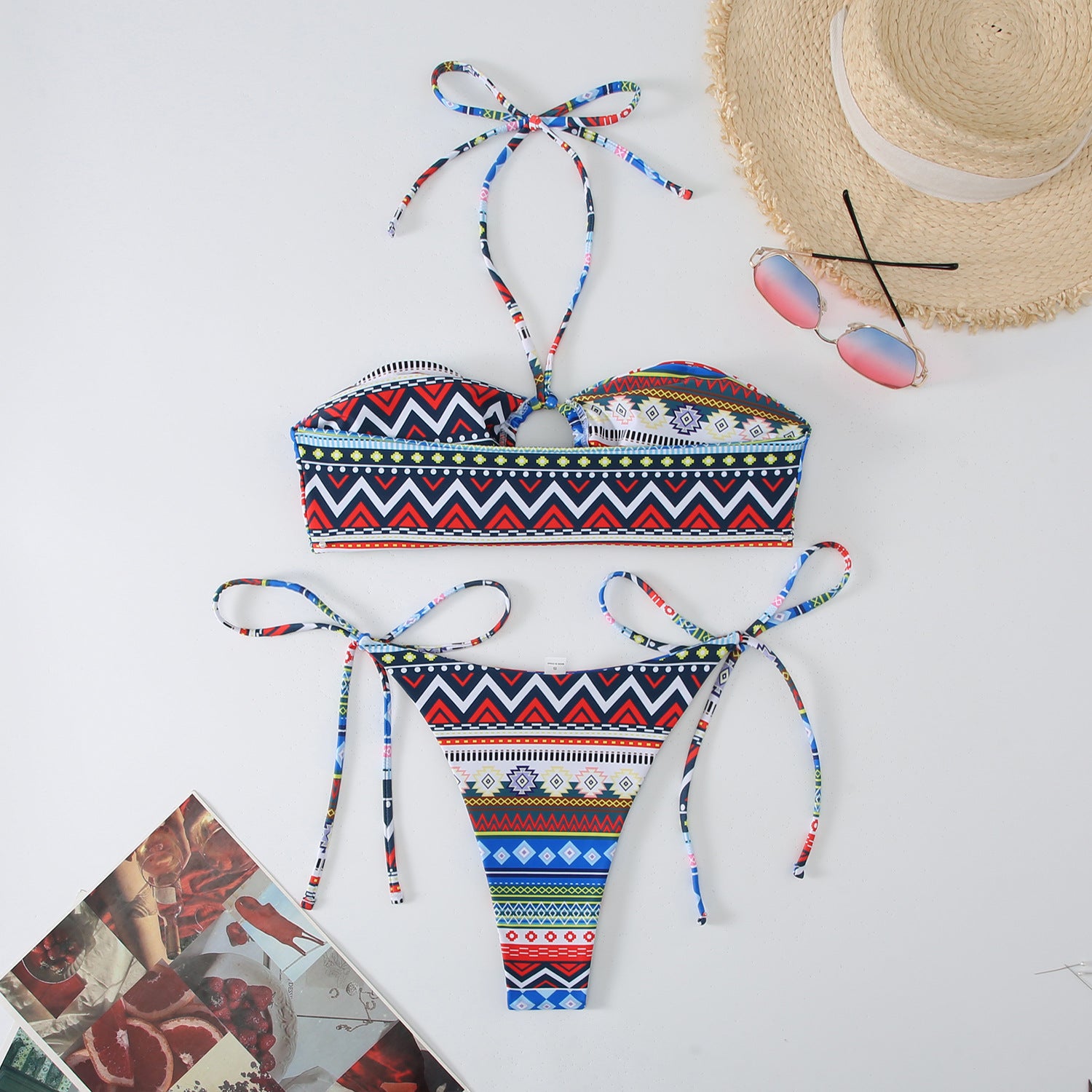 Printed double-sided suspender hanging neck backless swimsuit