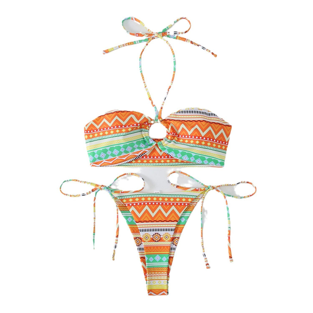 Printed double-sided suspender hanging neck backless swimsuit