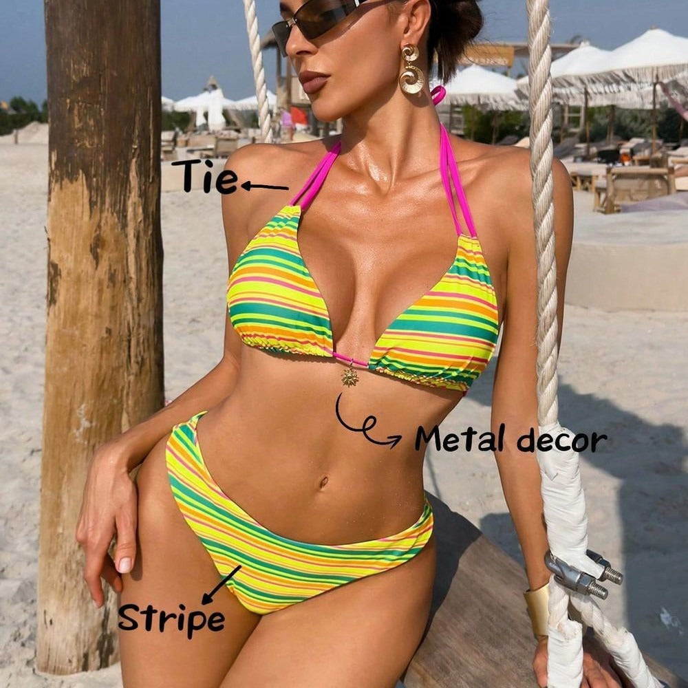 Swimsuit Split Beach Stripe Neck Strap