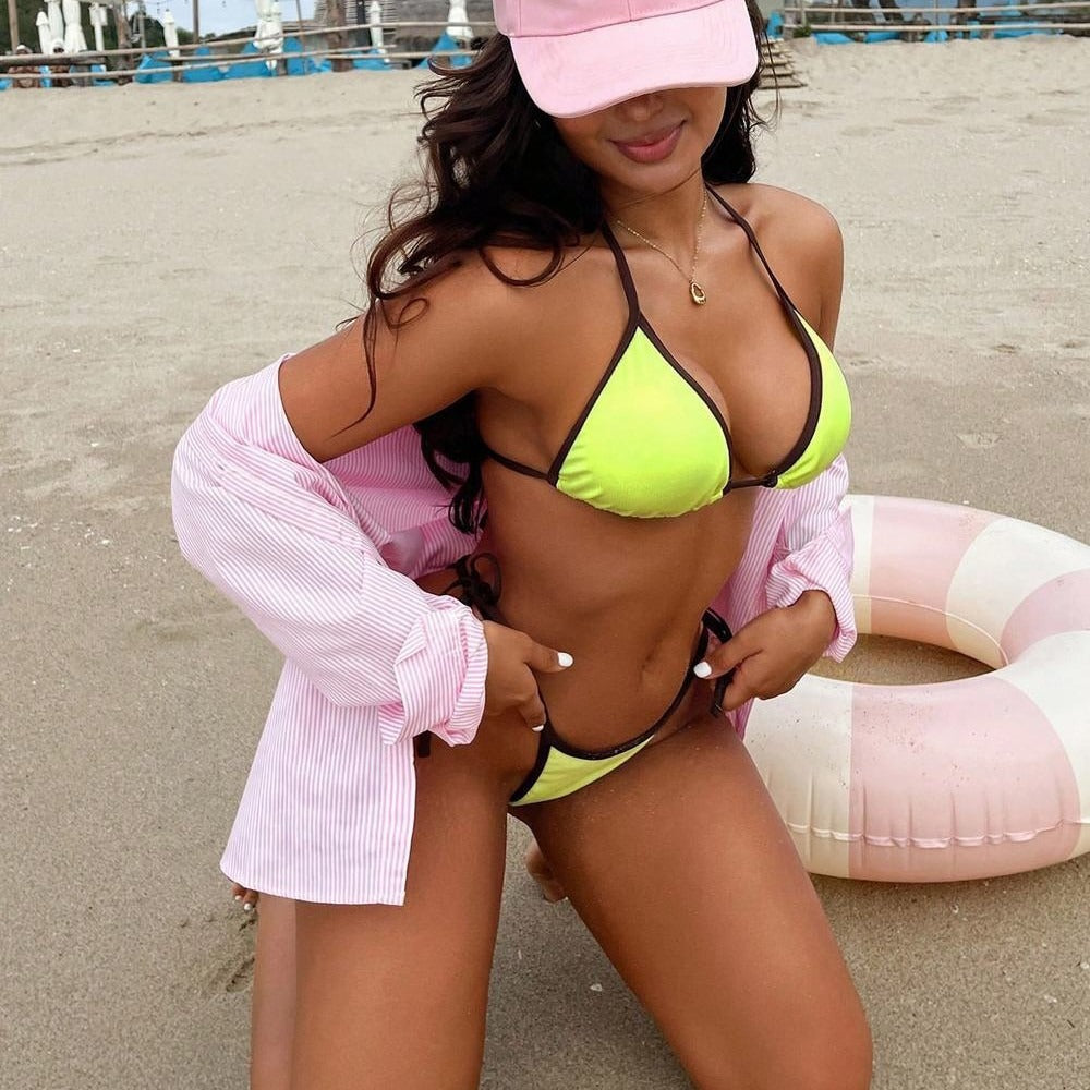 Swimsuit Split Vacation Solid Color Match Tie up Neck
