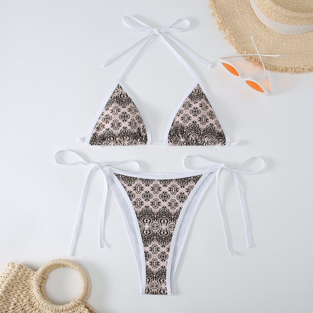 Split triangle bikini with lace up print swimsuit