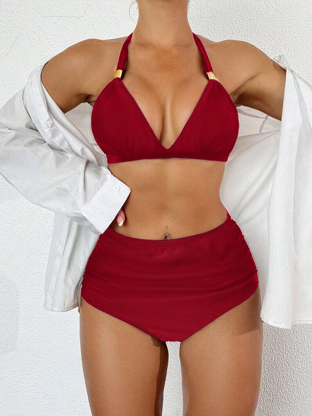 Women's two-piece swimsuit set with high waist and solid color hanging neck