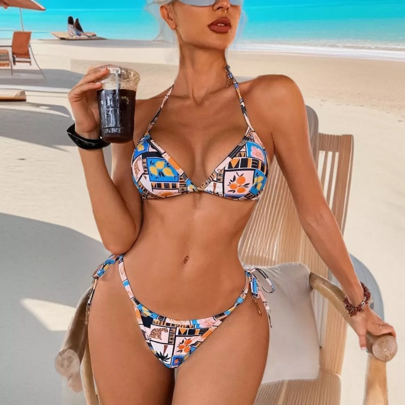 Swimsuit split retro printed lace up
