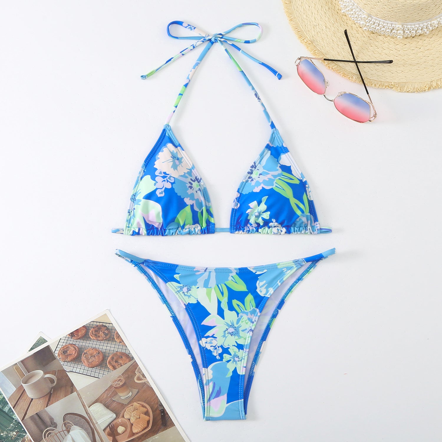 Split printed lace up backless triangle bikini swimsuit